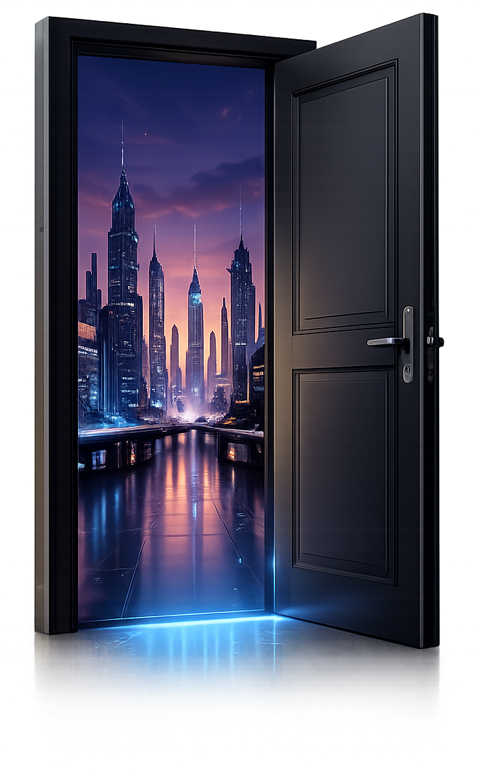 Open door revealing a futuristic digital city skyline